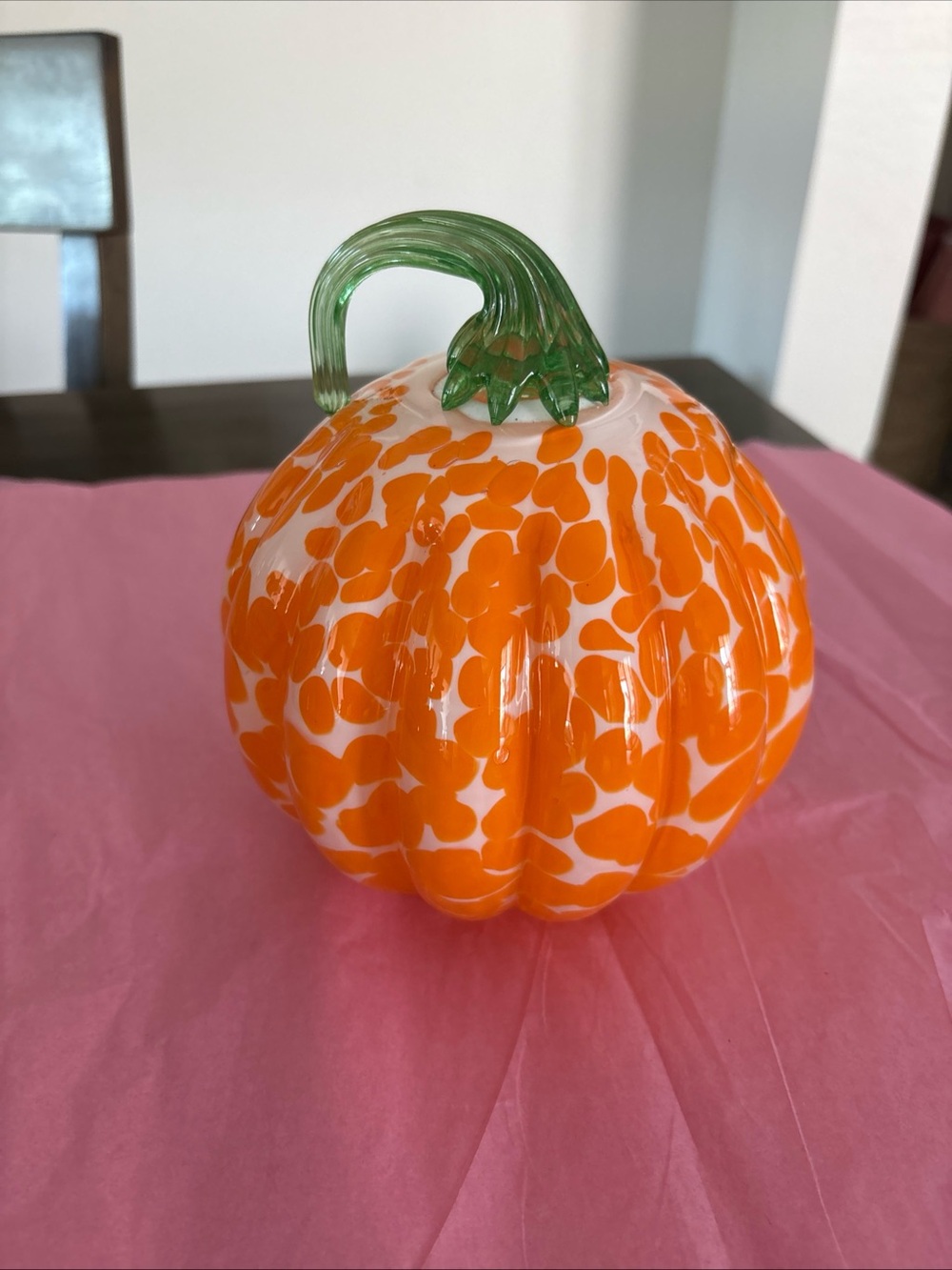 Handblown Glass White With Orange Spots Pumpkin Green Stem